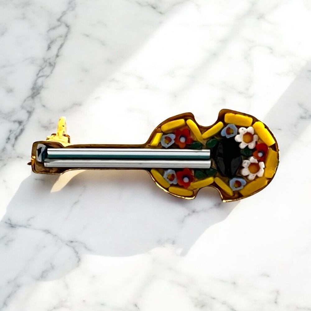 Vintage Italian Micro-Mosaic Violin‎ Guitar Brooch Pin Italy